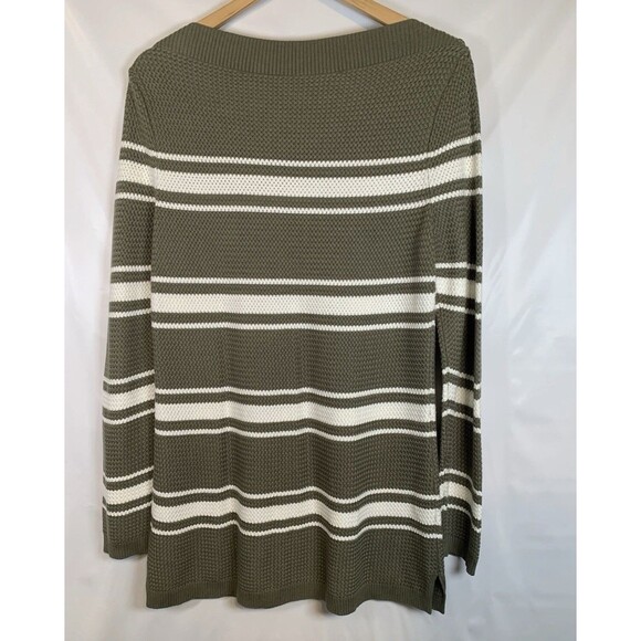 Talbots Green White Stripe Long Sleeve Boat Neck Button Shoulder Sweater Medium - Picture 8 of 8